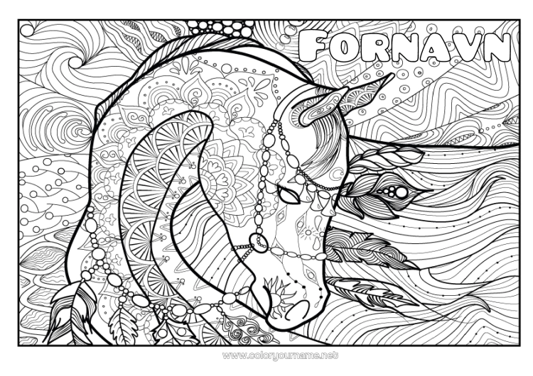 Farvelægningssiden til udskrivning Rolig og zen Kunst Mandala Hest Dyr Komplekse farvelægninger Gårdsdyr