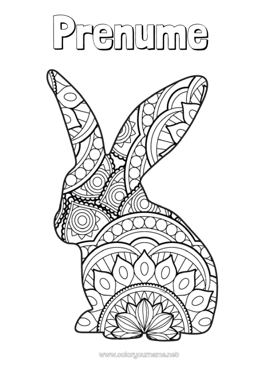 Pagină de colorat de imprimat Liniștit și zen Mandala Iepure Animal Animale din pădure