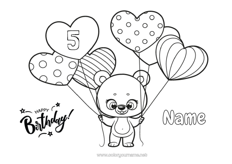 Colouring page to print Bear Heart Birthday Balloons Animal Teddy Bear Intermediate Colouring Sheets Happy Birthday Message Customisable Age Celebrated Forest Animals