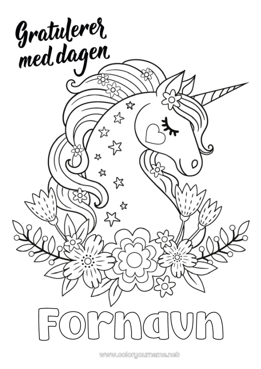 Fargeleggingssiden til utskrift Bursdag Søt Enhjørning Mellomliggende fargelegginger Gratulerer med dagen! Drager, enhornede hester og fantastiske dyr