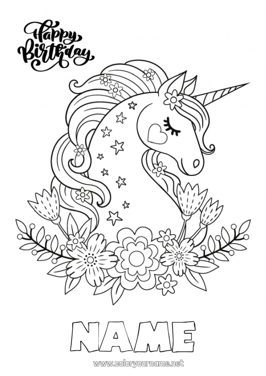 Coloring page to print Birthday Kawaii Unicorn Intermediate coloring pages Happy Birthday (English) Message Dragons, unicorns and fantastic animals