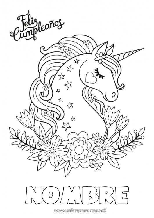 Dibujo para colorear para imprimir Cumpleaños Kawaii Unicornio Dibujos intermedios para colorear Mensaje de feliz cumpleaños (inglés) Dragones, unicornios y animales fantásticos