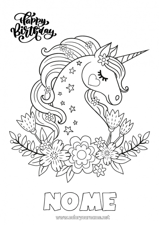 Pagina da colorare da stampare Compleanno Kawaii Unicorno Disegni intermedi Buon compleanno (francese) Messaggio Draghi, unicorni e animali fantastici