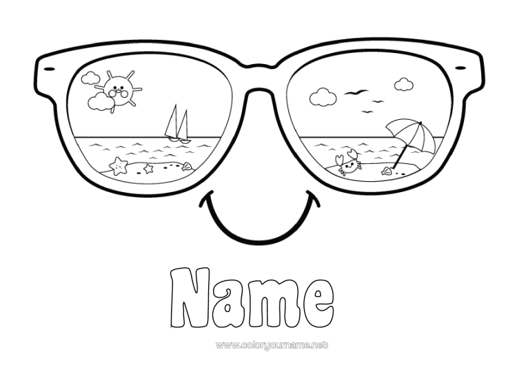 Colouring page to print Summer Sun Beach Easy Colouring Pages Parasol Glasses Smilley Sunglasses