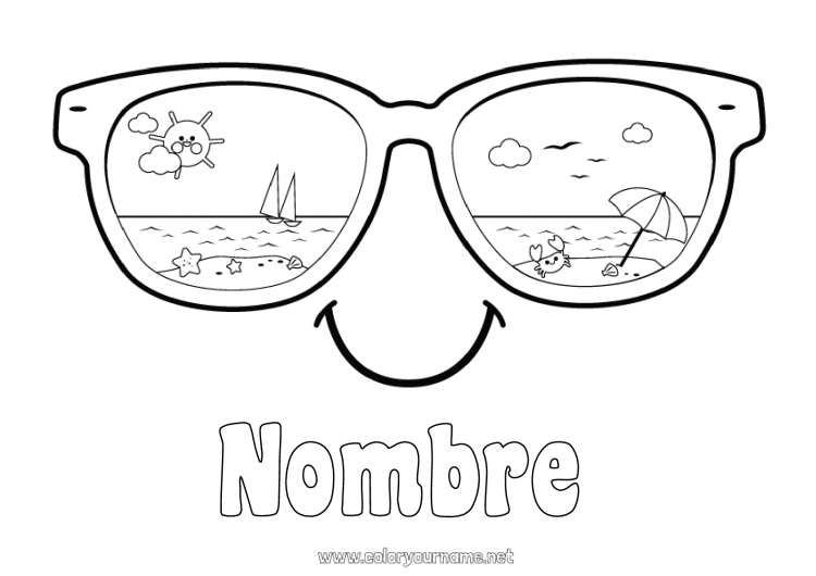 Dibujo para colorear para imprimir Verano Sol Playa Dibujos fáciles para colorear Parasol, sombrilla de playa Gafas Emoticono