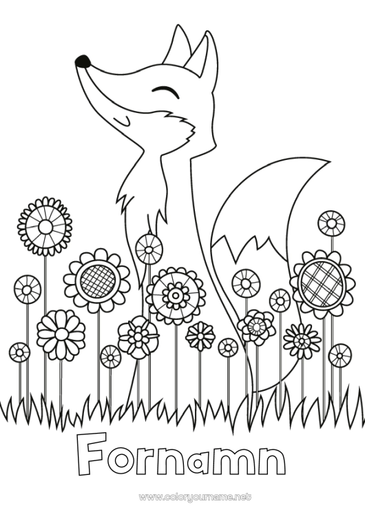 Färgläggningssida att skriva ut Söt Blommor Vår Räv Djur Antistress Skogens djur