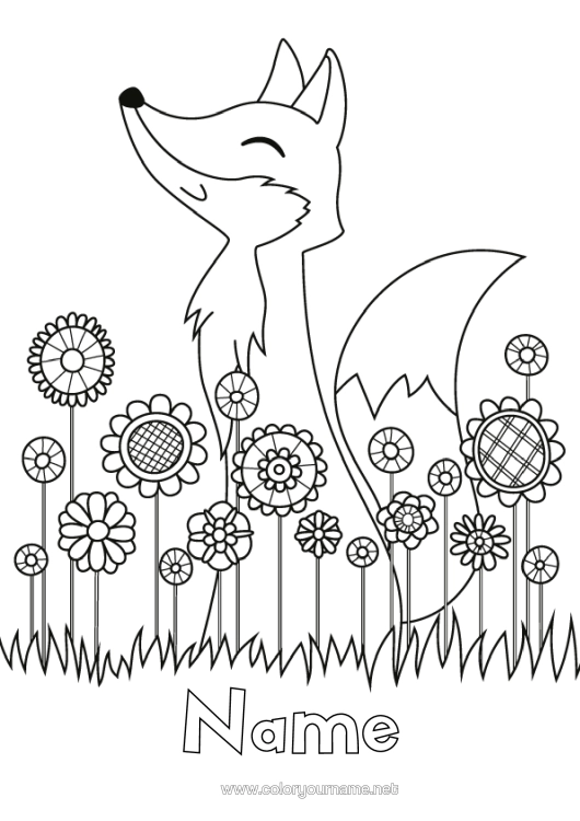 Colouring page to print Cute Flowers Spring Fox Animal Anti-Stress Forest Animals