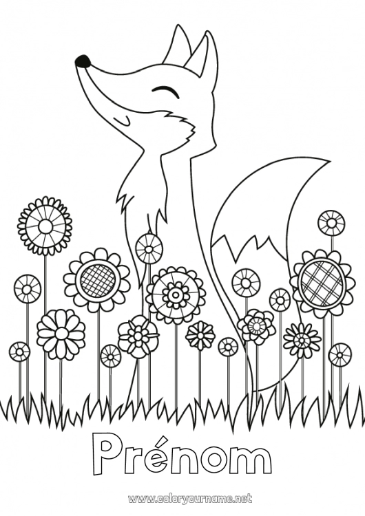 Coloriage à imprimer Mignon Fleurs Printemps Renard Animal Anti-stress Animaux de la forêt