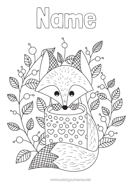 Colouring page to print Cute Autumn Fox Mug Animal Tea Drink Anti-Stress Forest Animals