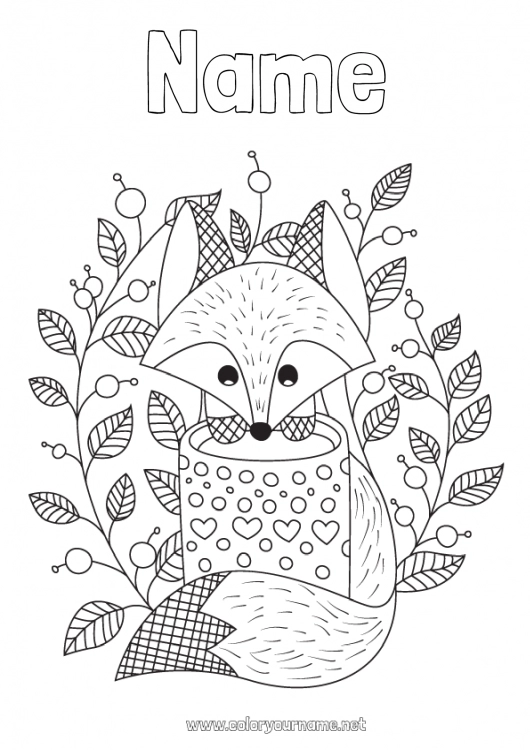 Coloring page to print Cute Autumn Fox Mug Animal Tea Drinks Antistress Forest animals