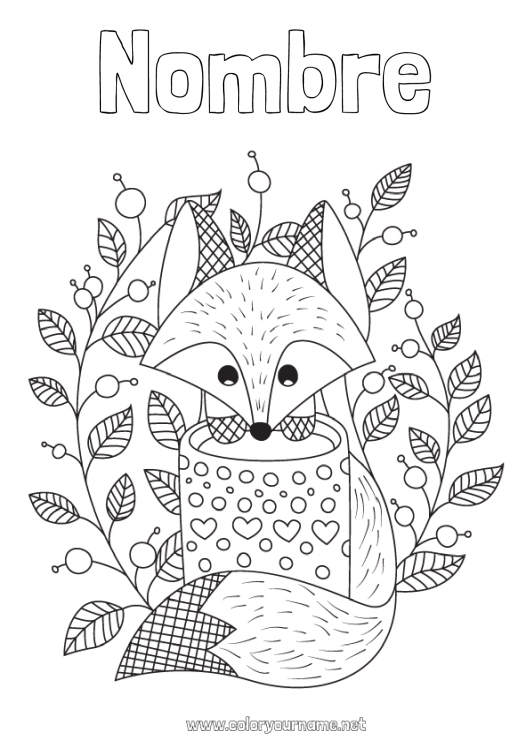 Dibujo para colorear para imprimir Lindo Otoño Zorro Taza Animales Té Bebidas Antiestrés Animales del bosque