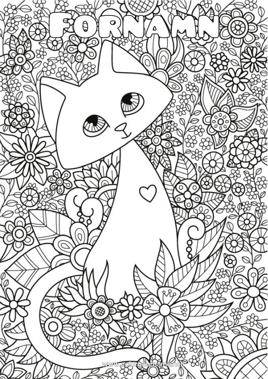 Färgläggningssida att skriva ut Söt Blommor Lugn och zen Katt Djur Antistress Hundar och katter