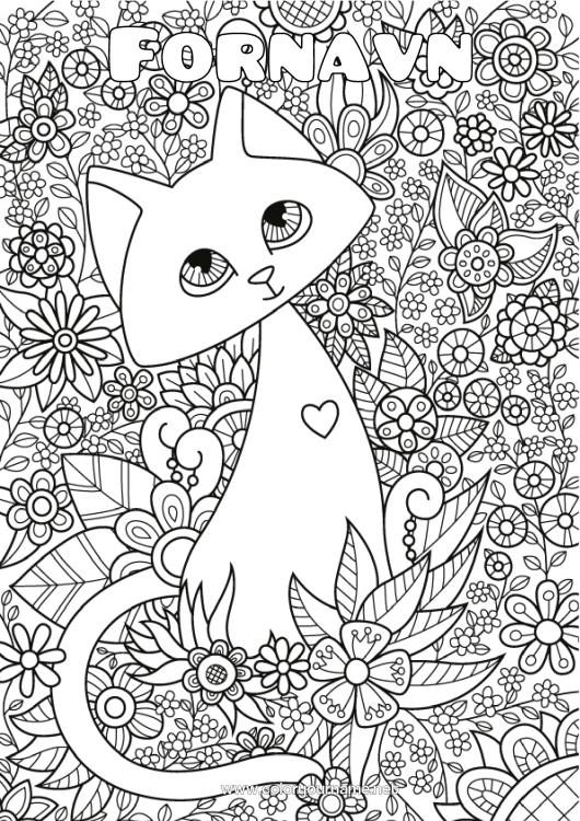 Fargeleggingssiden til utskrift Søt Blomster Rolig og zen Katt Dyr Anti-stress Hunder og katter