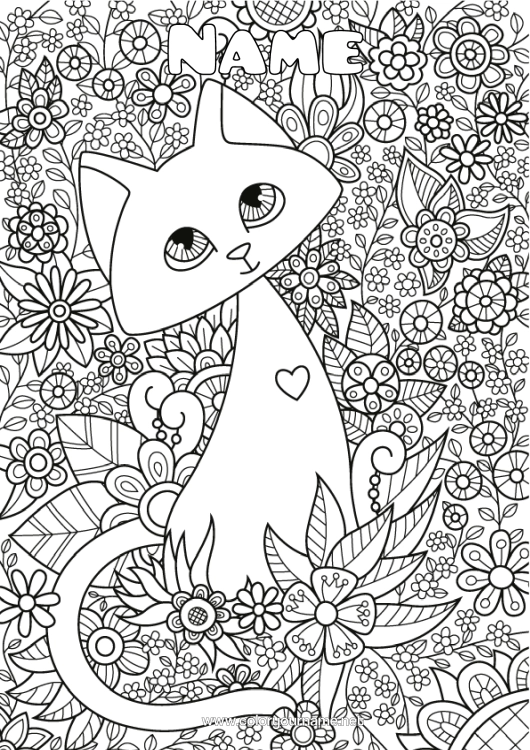 Colouring page to print Cute Flowers Calm And Zen Cat Animal Anti-Stress Dogs And Cats