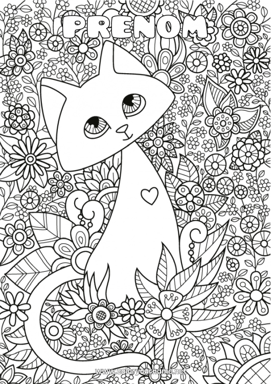 Coloriage à imprimer Mignon Fleurs Calme et zen Chat Animal Anti-stress Chiens et chats