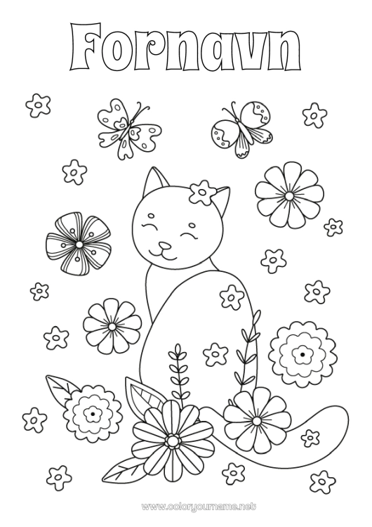 Farvelægningssiden til udskrivning Blomster Kat Sommerfugl Dyr Insekter Hunde og katte