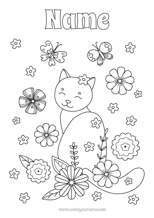 Colouring page to print Flowers Cat Butterfly Animal Insects Dogs And Cats