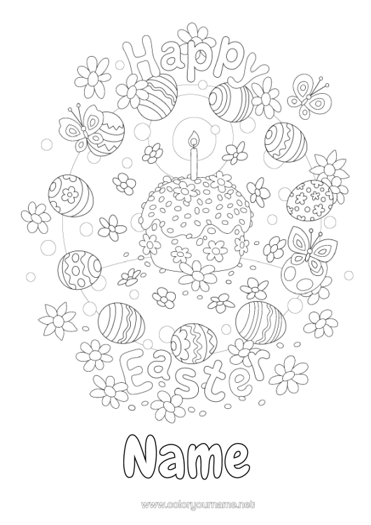 Colouring page to print Flowers Cake Butterfly Easter Eggs Easter "Happy Easter" Message Insects