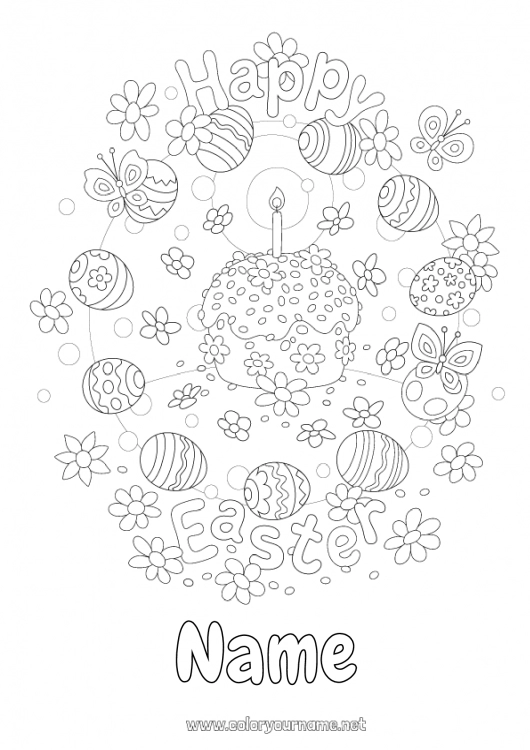 Coloring page to print Flowers Cake Butterfly Easter eggs Easter 