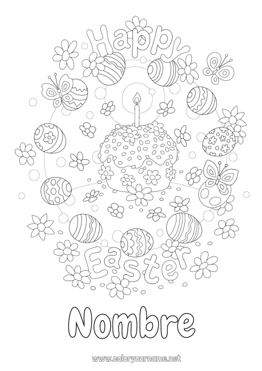 Dibujo para colorear para imprimir Flores Tarta Mariposa Huevos de Pascua Pascua de Resurrección Mensaje de