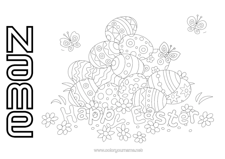 Colouring page to print Spring Butterfly Easter Eggs Easter "Happy Easter" Message Insects