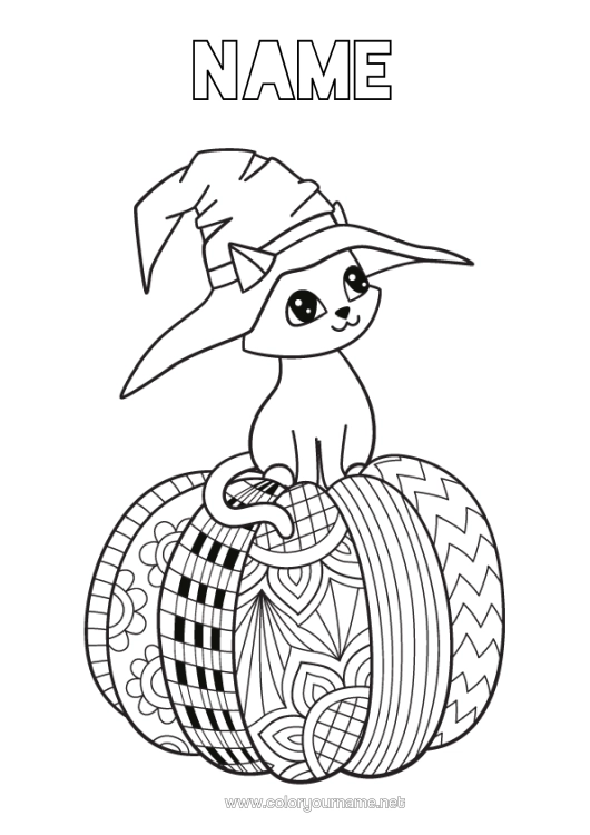 Colouring page to print Pumpkin Black Cat Cat Halloween Autumn Animal Dogs And Cats