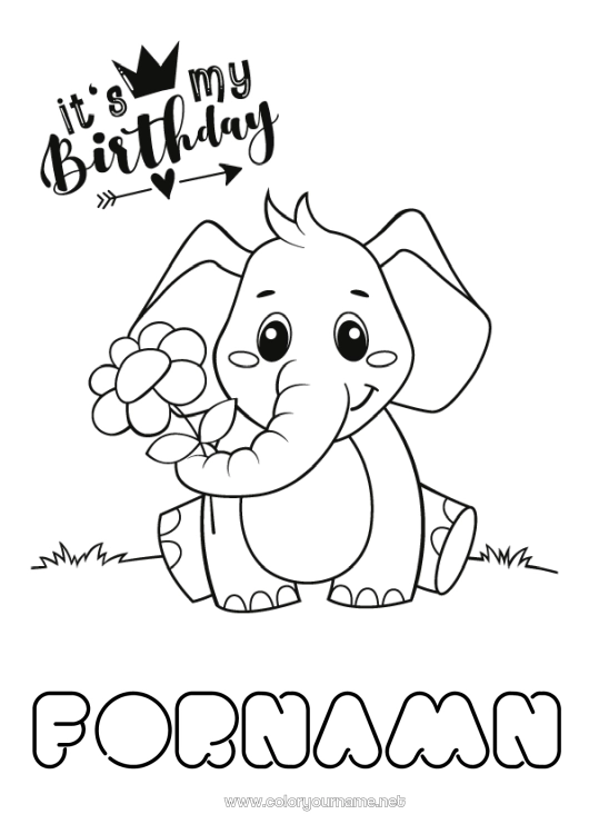 Färgläggningssida att skriva ut Söt Födelsedag Elefant Djur Lätta målarbilder Grattis på födelsedagen! Gårdsdjur Afrikas vilda djur