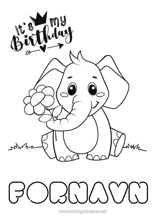 Fargeleggingssiden til utskrift Søt Bursdag Elefant Dyr Enkle fargelegginger Gratulerer med dagen! Gårdsdyr Afrikanske villdyr
