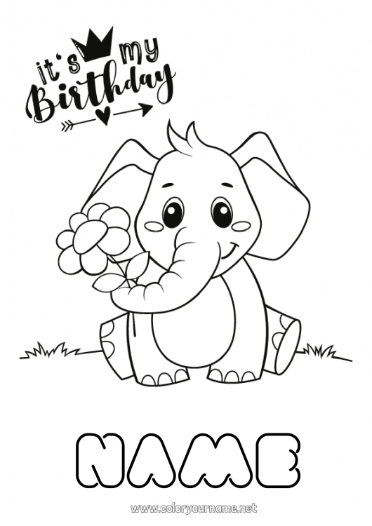 Coloring page to print Cute Birthday Elephant Animal Easy coloring pages Happy Birthday (English) Message Farm animals Wild animals of Africa