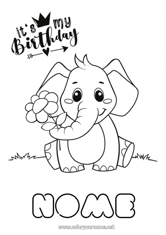 Pagina da colorare da stampare Carino Compleanno Elefante Animale Disegni da colorare facili Buon compleanno (francese) Messaggio Animali da fattoria Animali selvatici dell'Africa