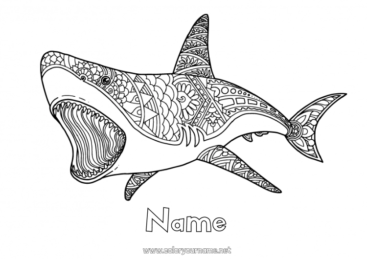 Coloring page to print Calm and zen Mandala Sea Animal Shark Antistress Marine or aquatic animals