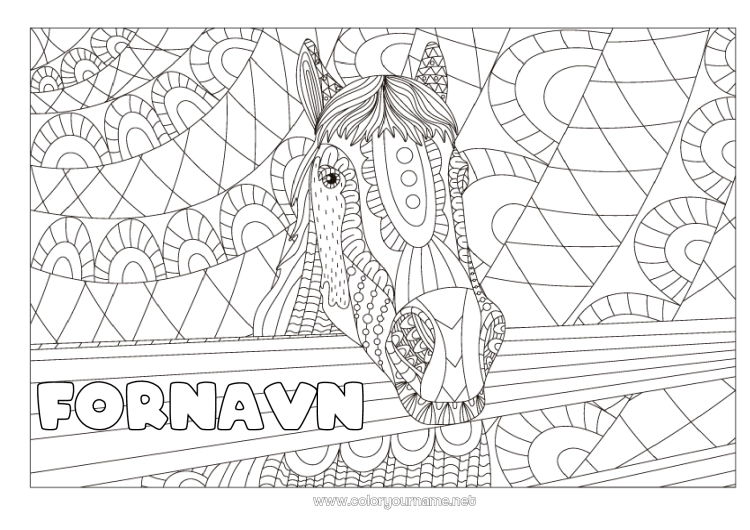 Farvelægningssiden til udskrivning Mandala Hest Dyr Zentangle Antistress Gårdsdyr