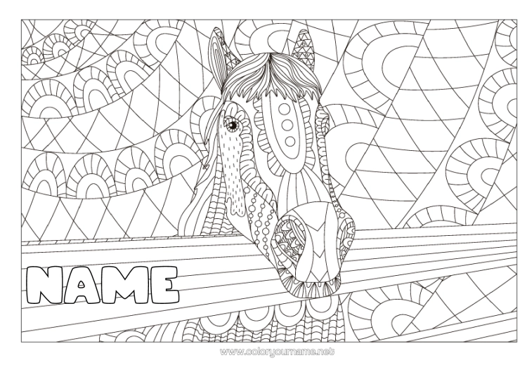 Colouring page to print Mandala Horse Animal Zentangle Anti-Stress Farm Animals