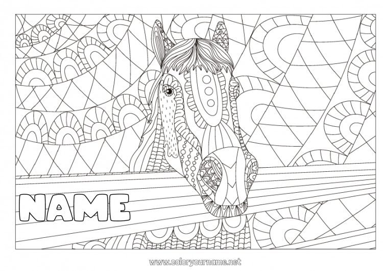 Coloring page to print Mandala Horse Animal Zentangle Antistress Farm animals