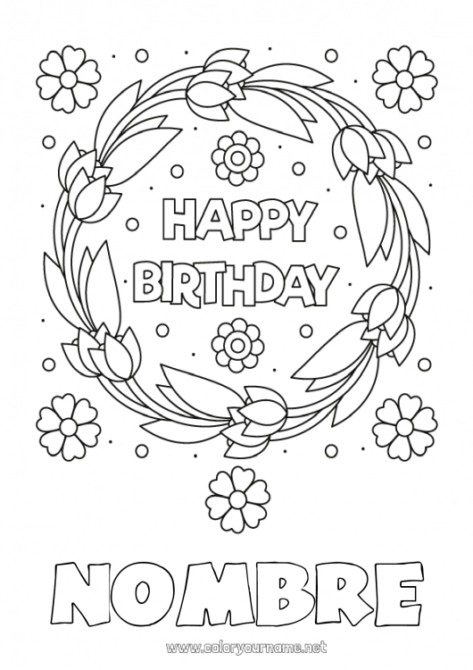 Dibujo para colorear para imprimir Flores Cumpleaños