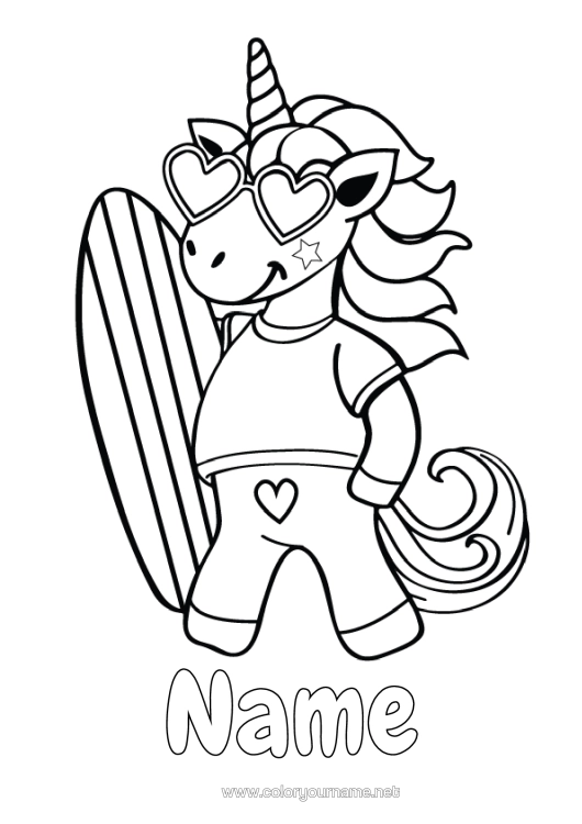 Colouring page to print Sport Unicorn Summer Sea Animal Easy Colouring Pages Surfing Dragons, Unicorns, And Fantastical Creatures Water Sports Sunglasses