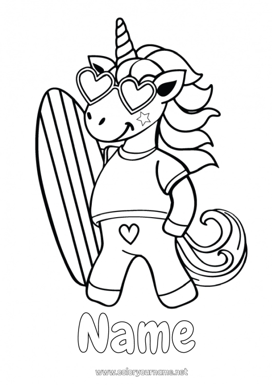 Coloring page to print Unicorn Summer Sea Animal Easy coloring pages Surf Dragons, unicorns and fantastic animals Nautical sports