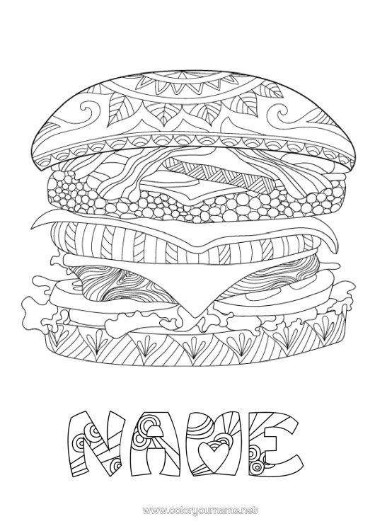 Coloring page to print Food Complex coloring pages Hamburger