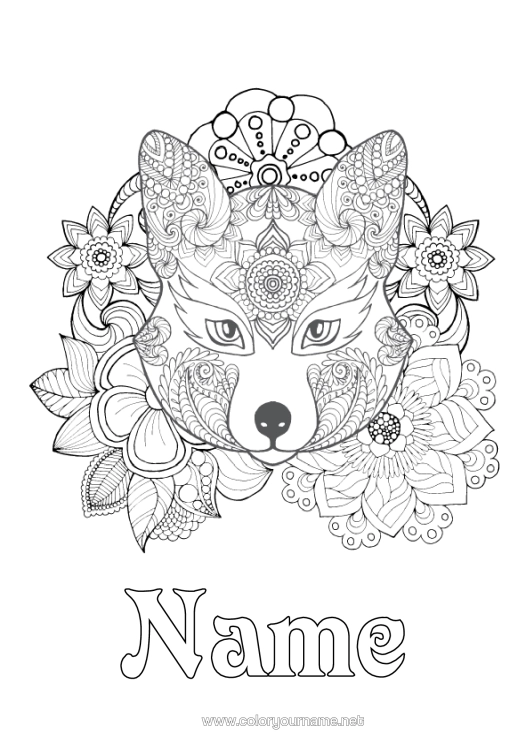 Colouring page to print Wolf Flowers Mandala Fox Animal Complex Colouring Pages Forest Animals