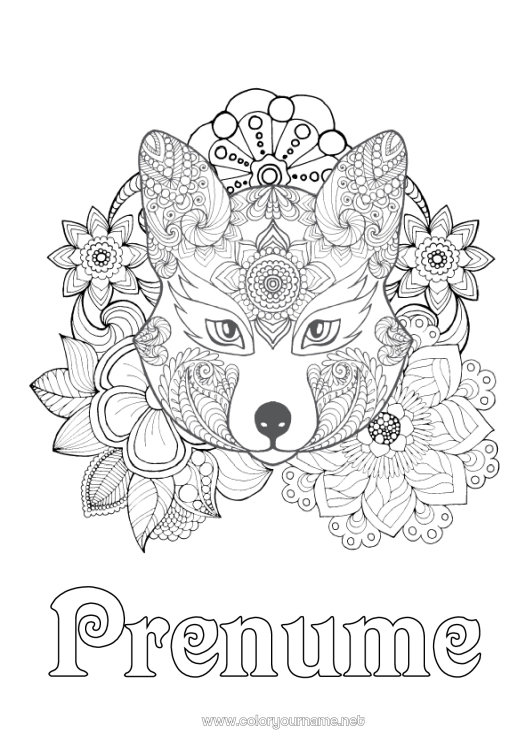 Pagină de colorat de imprimat Lup Flori Mandala Vulpe Animal Desene de colorat complexe Animale din pădure