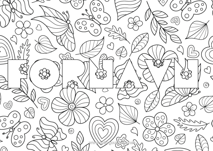 Fargeleggingssiden til utskrift Blomster Vår Sommerfugl Blader Dekorert navn Mellomliggende fargelegginger Komplekse fargelegginger Insekter