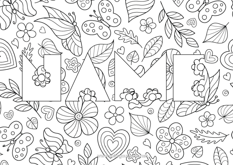 Colouring page to print Flowers Spring Butterfly Leaves Decorated Name Intermediate Colouring Sheets Complex Colouring Pages Insects