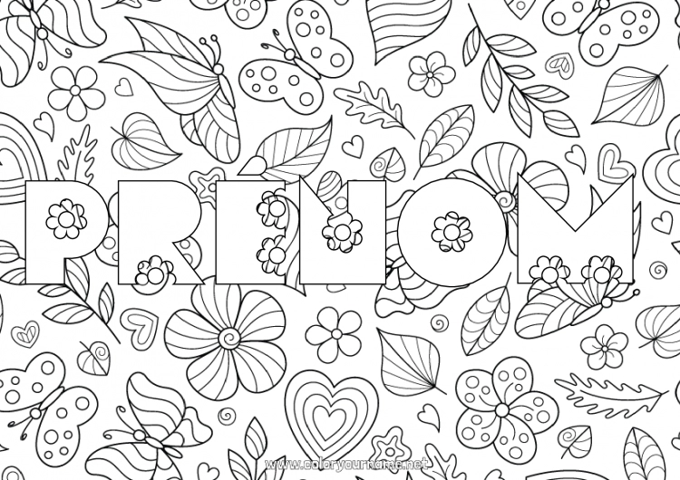 Coloriage à imprimer Fleurs Printemps Papillon Feuilles Nom décoré Coloriages intermédiaires Coloriages complexes Insectes