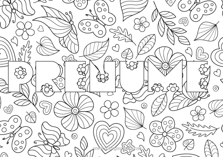 Pagină de colorat de imprimat Flori Primăvară Fluture Frunze Nume decorat Colorează intermediare Desene de colorat complexe Insecte