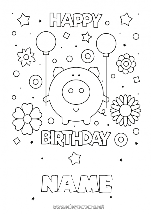 Coloring page to print Birthday Pig Animal Easy coloring pages Farm animals