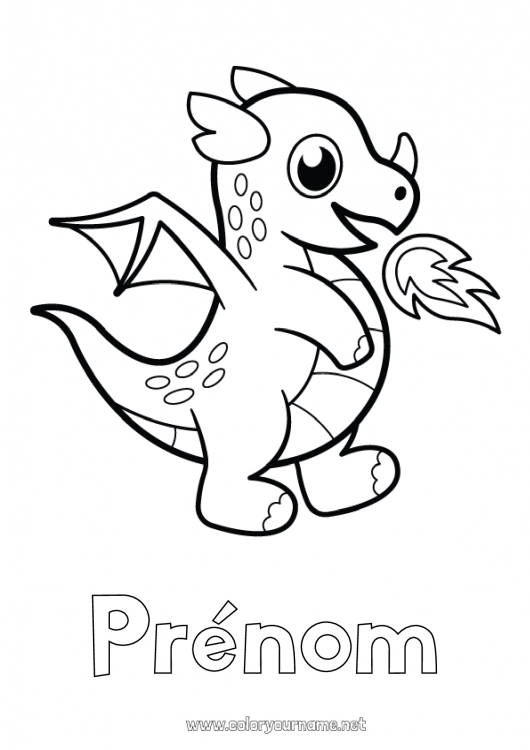 Coloriage à imprimer Mignon Kawaii Dragon Animal Conte de fées Coloriages faciles Dragons, licornes et animaux fantastiques