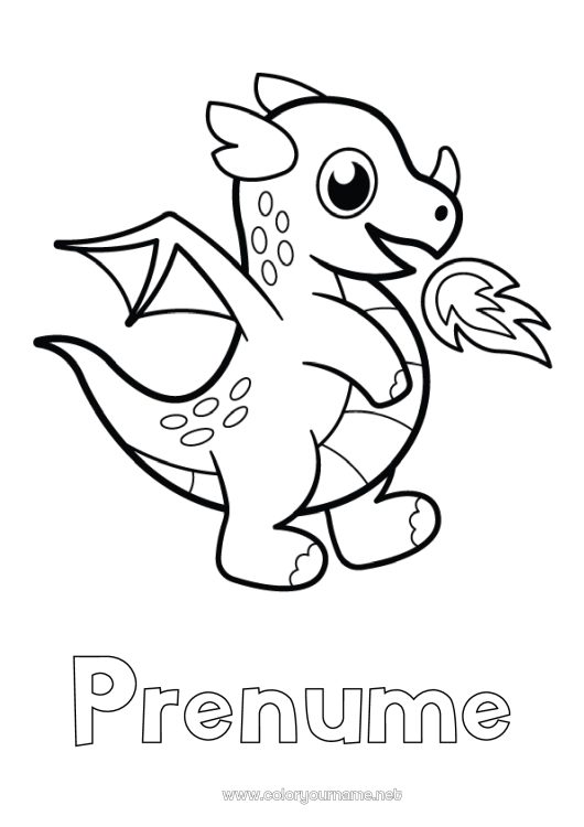 Pagină de colorat de imprimat Drăguț Drăguț Dragon Animal Poveste cu zâne Desene de colorat ușoare Dragoni, unicorni și animale fantastice