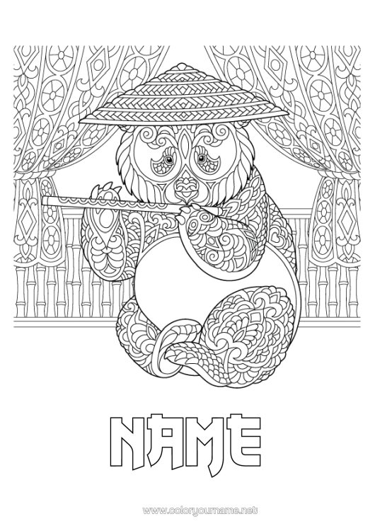 Colouring page to print Calm And Zen Mandala Animal Japan Music Panda Hat China Complex Colouring Pages Zentangle Anti-Stress Other Animals Of The World Music Day Musical Instruments Flute