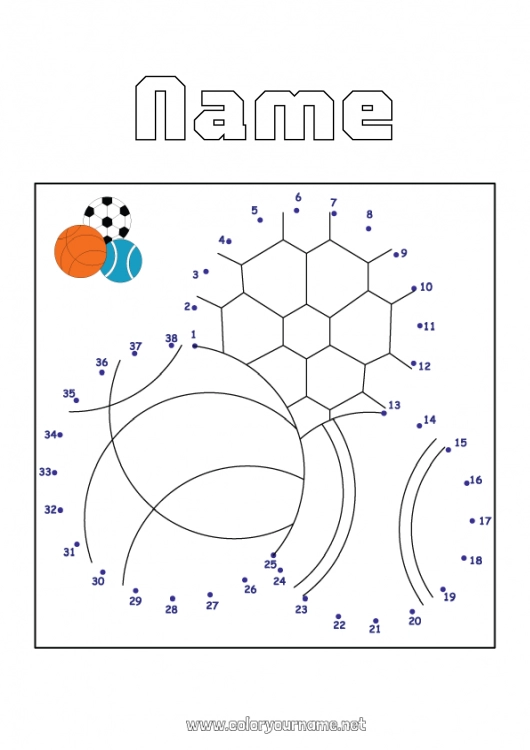 Coloring page to print Football Soccer ball Number Balloons Children's activities Connect the dots Basketball Easy coloring pages Team sports