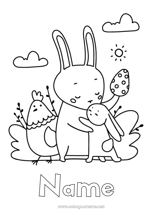 Colouring page to print Dad Mum Grandma Grandad Hen Spring Rabbit Animal Easter Eggs Easy Colouring Pages Farm Animals Forest Animals Hug